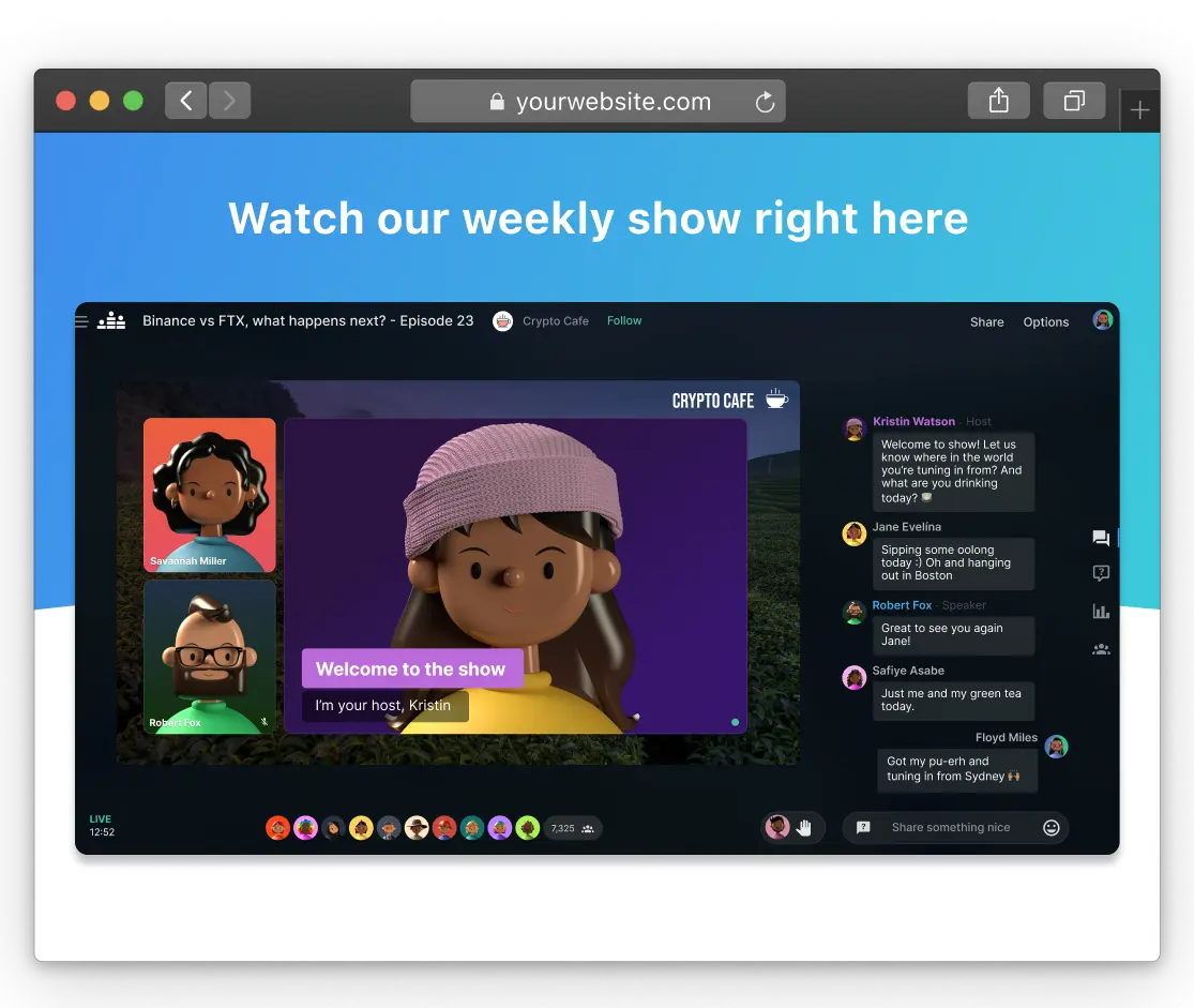 Illustration of a crowdcast event embedded on another webpage